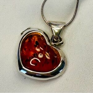 Sterling Silver Amber Heart Locket Necklace - Rich Cognac Amber